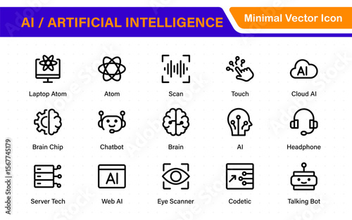 Set of Ai artificial intelligence icon set vector collection. AI Essentials line Icon collection, artificial intelligence icon set in line style, machine learning, smart robotic Free Vector