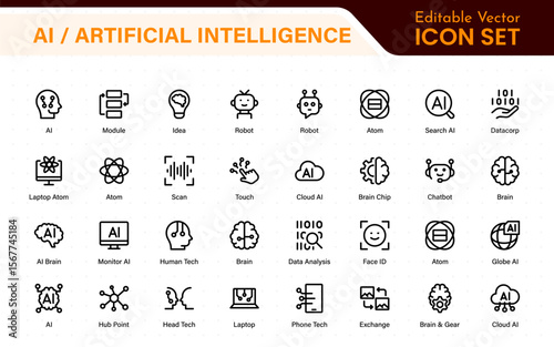 Set of Ai artificial intelligence icon set vector collection. AI Essentials line Icon collection, artificial intelligence icon set in line style, machine learning, smart robotic Free Vector