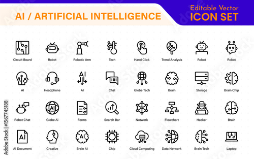 Set of Ai artificial intelligence icon set vector collection. AI Essentials line Icon collection, artificial intelligence icon set in line style, machine learning, smart robotic Free Vector