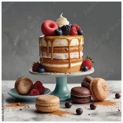 Delicious naked cake with fresh berries and macarons on a pedestal