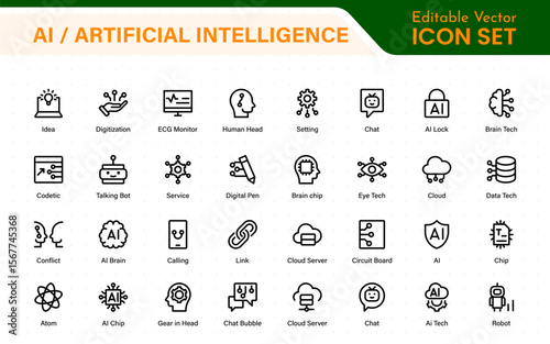 Set of Ai artificial intelligence icon set vector collection. AI Essentials line Icon collection, artificial intelligence icon set in line style, machine learning, smart robotic Free Vector