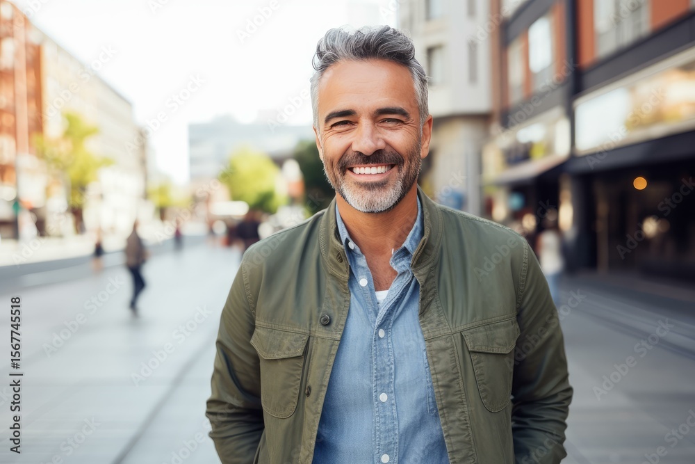 Fototapeta premium Portrait of a smiling man enjoying his walk in the city