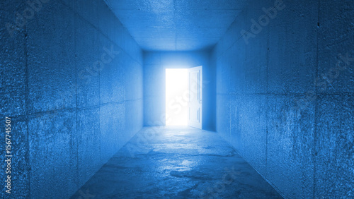 Bright light shining from an open door at the end of a dark blue tunnel, creating a powerful visual metaphor for hope, opportunity, and the promise of a brighter future