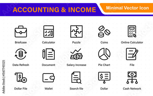 Set of line icons related to accounting, audit, and taxes. Outline icon collection. Business symbols.Income set. Containing money, tax, earnings, payment, paycheck, work, pension, and wages icons.