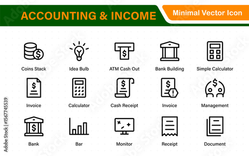 Set of line icons related to accounting, audit, and taxes. Outline icon collection. Business symbols.Income set. Containing money, tax, earnings, payment, paycheck, work, pension, and wages icons.