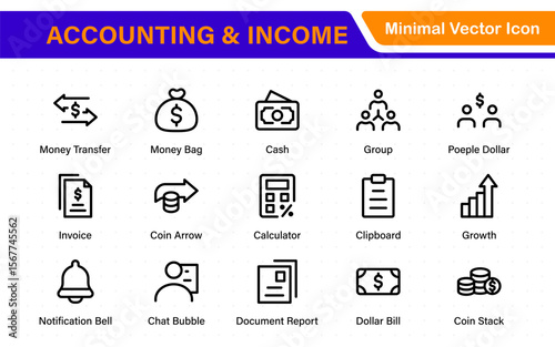 Set of line icons related to accounting, audit, and taxes. Outline icon collection. Business symbols.Income set. Containing money, tax, earnings, payment, paycheck, work, pension, and wages icons.