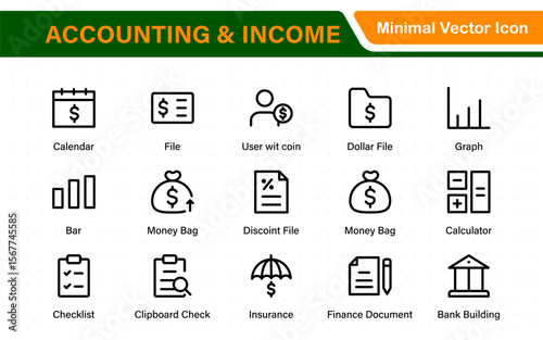 Set of line icons related to accounting, audit, and taxes. Outline icon collection. Business symbols.Income set. Containing money, tax, earnings, payment, paycheck, work, pension, and wages icons.
