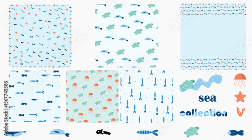 Seamless vector pattern set featuring playful sea animals—fish, turtles, jellyfish, and starfish—in soft blue and coral tones. Ideal for kids’ textiles, packaging, and decor
