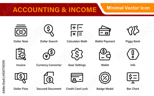 Set of line icons related to accounting, audit, and taxes. Outline icon collection. Business symbols.Income set. Containing money, tax, earnings, payment, paycheck, work, pension, and wages icons.