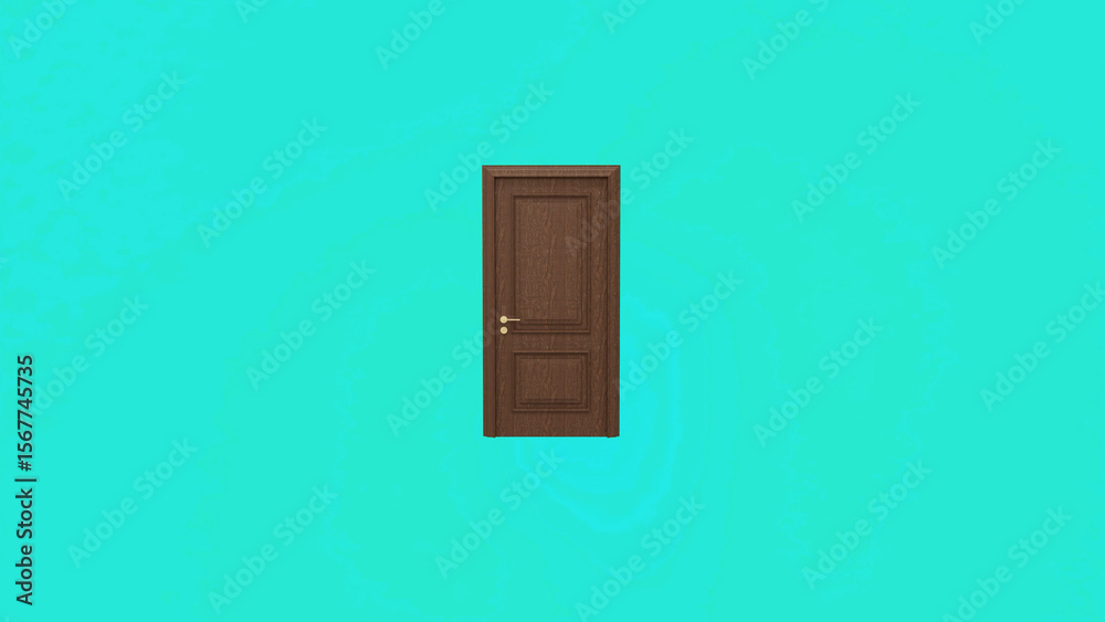 Closed, dark brown wooden door with a gold handle floats centrally against a vibrant turquoise backdrop, creating a surreal and intriguing visual Closed, dark brown wooden door with a gold handle floats centrally against a vibrant turquoise backdrop, creating a surreal and intriguing visual
