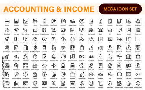 Set of line icons related to accounting, audit, and taxes. Outline icon collection. Business symbols.Income set. Containing money, tax, earnings, payment, paycheck, work, pension, and wages icons.