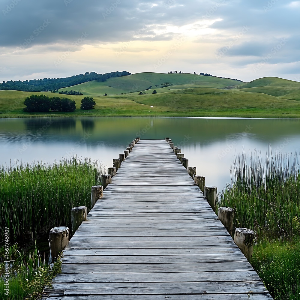 Fototapeta premium Minimalist dock leading into calm lake water high resolution picture