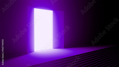 Glowing rectangular doorway illuminating mysterious purple room with stairs leading towards ethereal light source, creating a mystical and otherworldly atmosphere