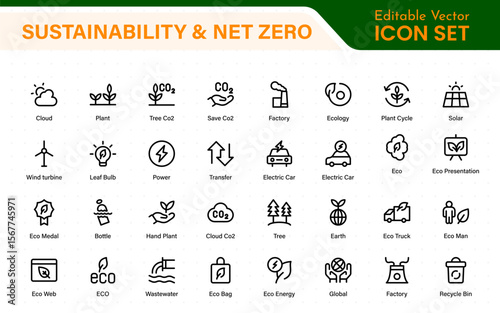 Set of sustainability and Net Zero, environmental, ecological, recyling, green, organic, industry thin line icons. Linear ecology simple symbol collection.
