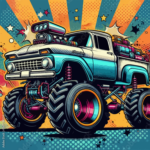 Retro monster truck with supercharger and vibrant comic book style background