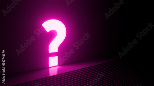 Photography Bright pink neon question mark glowing in a dark, mysterious room with stairs, e