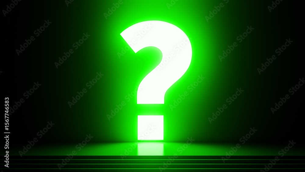 Large, luminous green question mark dominates a dark room, casting a vibrant glow on a stepped platform, creating an atmosphere of mystery and inquiry Large, luminous green question mark dominates a dark room, casting a vibrant glow on a stepped platform, creating an atmosphere of mystery and inquiry