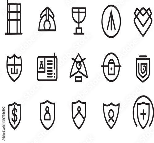 Collection of minimal line art icons on translucent rounded square tiles arranged on a white surface