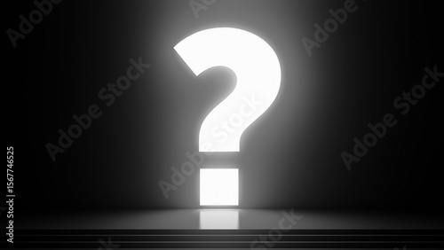 Canvas Print Large, luminous question mark stands in a dark room, casting a bright light on a