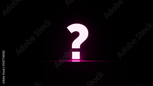Canvas Print Bright pink neon question mark glowing in a dark room with steps, evoking curios