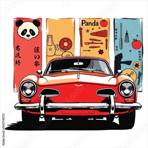 Retro red car with panda and japanese cultural elements in background