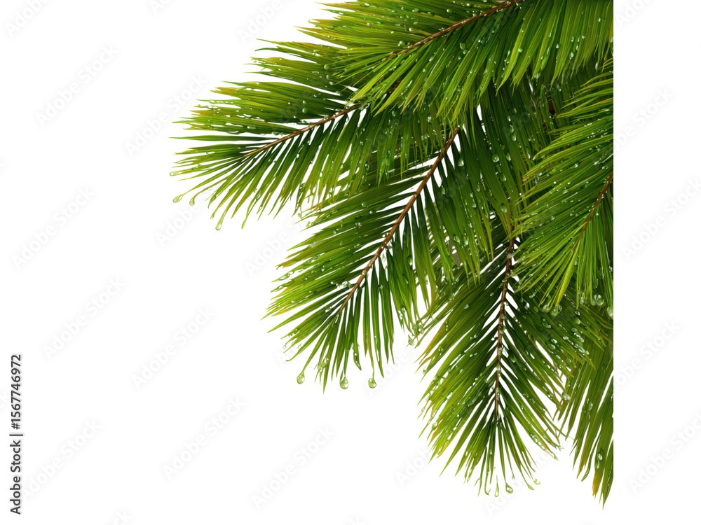 Obraz premium Lush green palm fronds with water droplets against black leaves, Isolated, Transparent Png