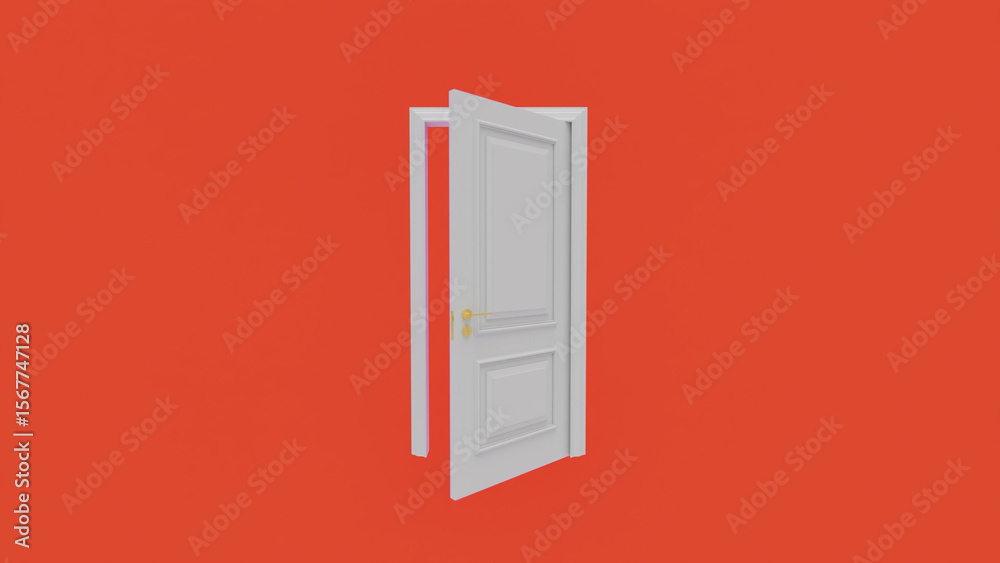 Slightly opened white door with golden handle stands out against a vibrant red background, creating a vivid contrast and suggesting new possibilities and the concept of transition Slightly opened white door with golden handle stands out against a vibrant red background, creating a vivid contrast and suggesting new possibilities and the concept of transition