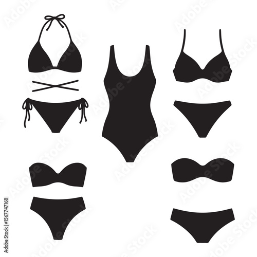 Black Swimsuit Styles Collection Various Bikini and One Piece Designs Halter Neck Bandeau High Waisted Bottoms Simple Silhouettes Fashion Illustration
