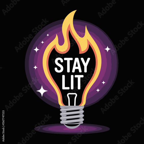 A stylized illustration of a light bulb on fire with the words stay lit inside set against a dark background with a purple glow and sparkling stars