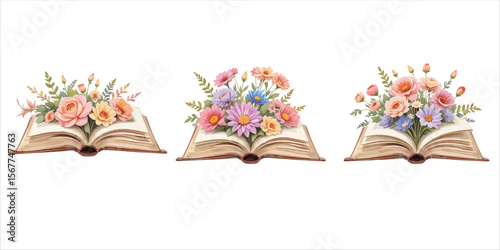 Three open books with colorful floral arrangements blooming from their pages