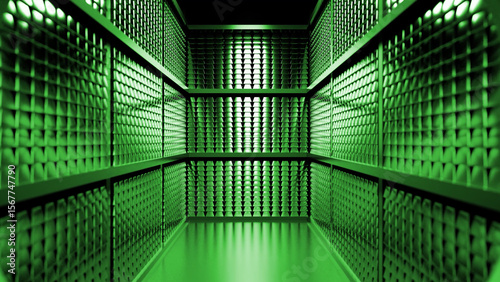 Shiny green gold bars are neatly stacked on shelves inside a secure vault room, creating a visually striking and evocative image of wealth and security