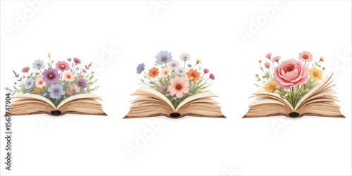 Three open antique books with colorful wildflowers blooming from their pages