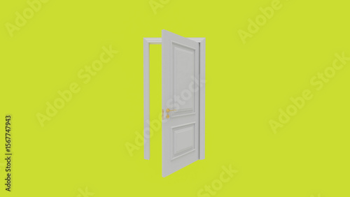 Slightly opened white door with a golden handle, set against a vibrant green background, creates a striking contrast that invites curiosity and symbolizes new opportunities ahead