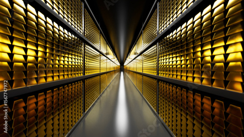 Countless gold bars are neatly stacked on shelves inside a secure bank vault, creating a striking visual representation of wealth, investment, and financial security