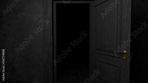 Slightly opened black wooden door revealing a dark, empty room with a wooden floor, evoking a sense of mystery and suspense, inviting thoughts of the unknown and hidden secrets