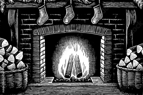 cozy fireplace with firewood and mantle, great for winter holiday branding, lodge-themed decor or cozy living ads vector a black and white line art illustration