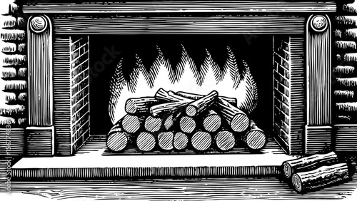 cozy fireplace with firewood and mantle, great for winter holiday branding, lodge-themed decor or cozy living ads vector a black and white line art illustration