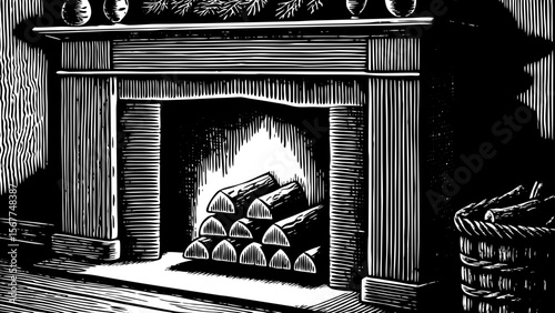 cozy fireplace with firewood and mantle, great for winter holiday branding, lodge-themed decor or cozy living ads vector a black and white line art illustration