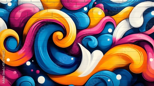 Vibrant abstract mural with colorful swirls on a brick wall.
