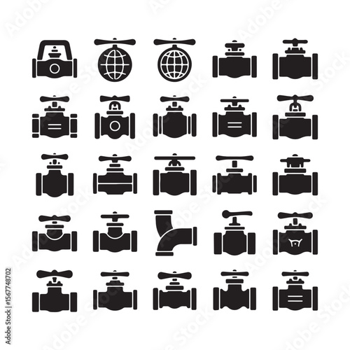 Black Valve Icons Set Globe Valve Gate Valve Ball Valve Butterfly Valve Check Valve Pipe Fitting Plumbing Symbols Industrial Design Elements