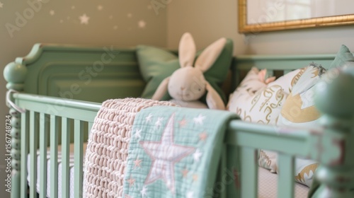 A green crib adorned with a plush bunny and a knitted blanket. Subtle decor includes stars and pastel accents.