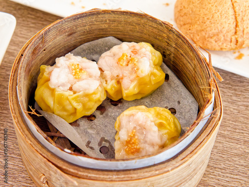 Shrimp and Fish Roe Siu Mai, Juicy shrimp, topped with fish roe