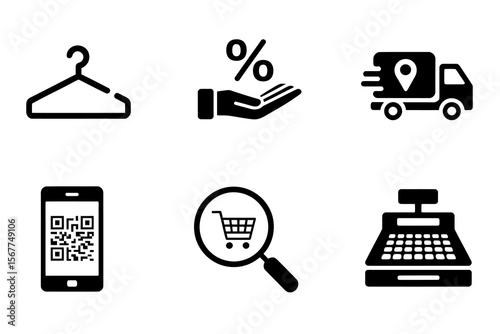 Icons Representing Shopping, Discounts, Delivery, and Payment. E-commerce and Retail Symbols