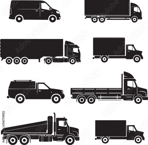 Truck and Van Silhouette Set – Delivery Vehicles and Cargo Transport Icons Vector


