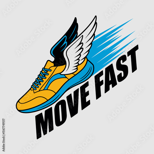 A dynamic illustration of a yellow and blue running shoe with white and black wings symbolizing speed and movement with the text move fast