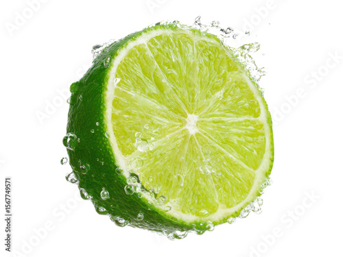 Juicy green lime half with water droplets and splash citrus fruit, Isolated, Transparent Png