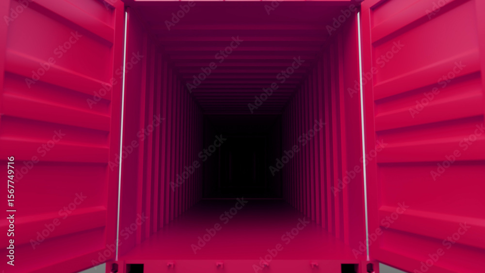 Open red shipping container showing a dark interior, representing concepts such as shipping, logistics, global trade, import, export, and cargo transportation Open red shipping container showing a dark interior, representing concepts such as shipping, logistics, global trade, import, export, and cargo transportation