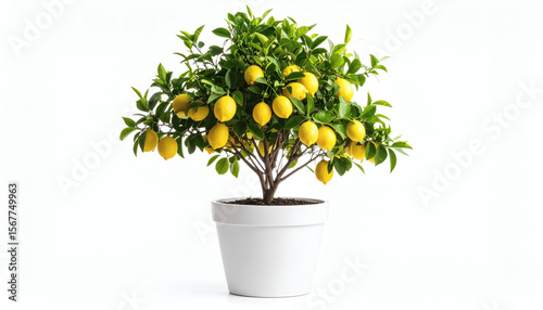 Lemon tree in pot illustrated with vibrant brush stroke style on white background for fruit, garden, and fresh plant design concepts