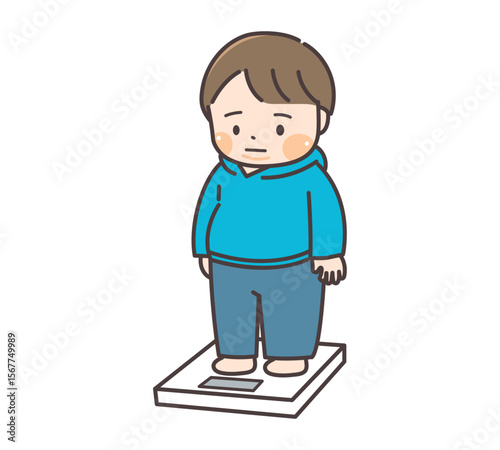 体重を測るぽっちゃり体型の男子のイラスト