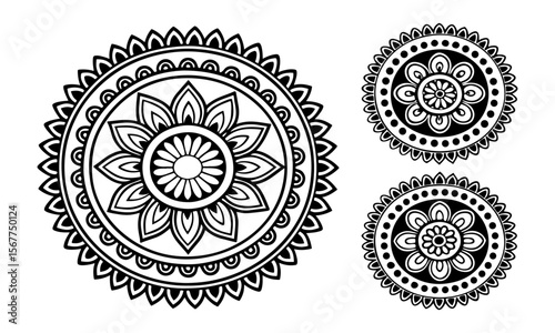 set of Three black and white floral mandala designs with intricate patterns and circular symmetry on white background.